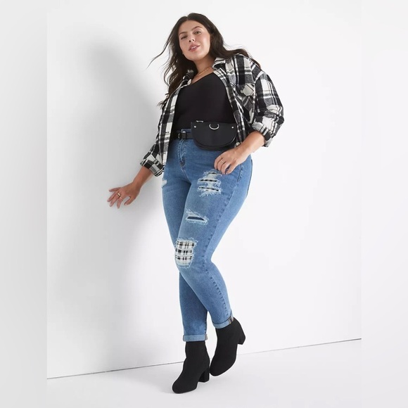 Lane Bryant Mid-Rise Boyfriend Distressed Plaid Patchwork Magic Waist Jeans 20 - Picture 1 of 10